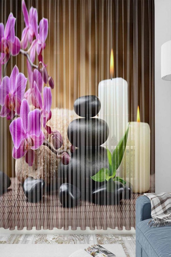 Else Spa Mumlar Mor Çiçek Desenli Dekoratif 3d Tül Fon Perde Else Spa Mumlar Mor Çiçek Desenli Dekoratif 3d Tül Fon Perde