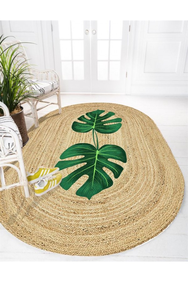 Else Tropik Yapraklı Desenli Oval Örme Jüt Örgü Halı Hasır Kilim