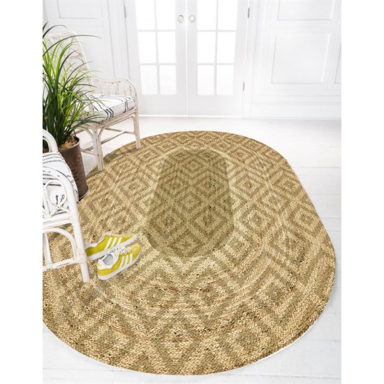 Else Vintage Karolar Desenli Oval Örme Jüt Örgü Halı Hasır Kilim