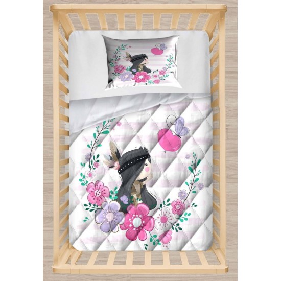 Else Bohem Kız Pembe Çiçekler 3d Desenli Bebek Yorgan Uyku Seti