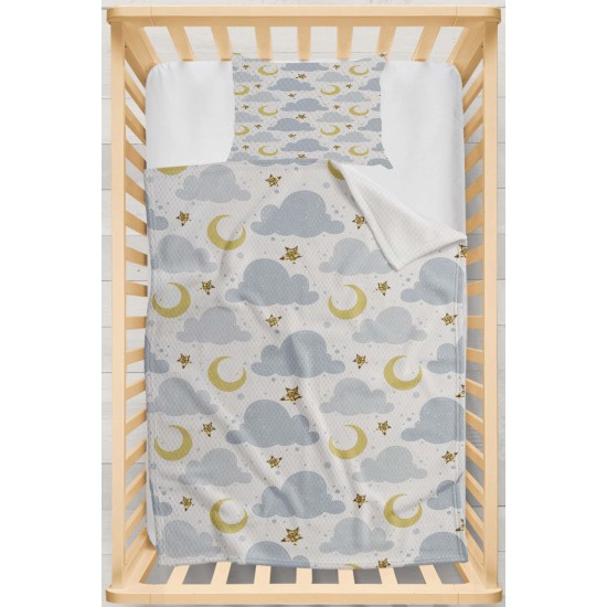 Else Gri Sarı Ay Yıldızlar Desenli Yatak Örtüsü Yastıklı Bebek Pike Takımı