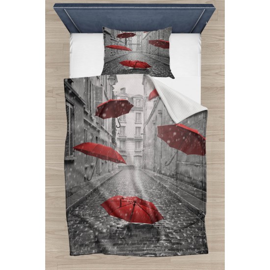 Else Gri Sokak Kırmızı Şemsiyeler Desenli Yatak Örtüsü Tek Kişilik Pike Takımı