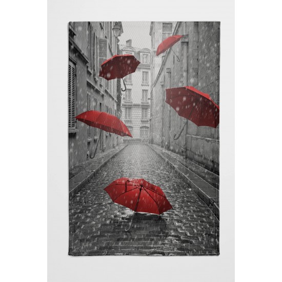 Else Gri Sokak Kırmızı Şemsiyeler Desenli Yatak Örtüsü Tek Kişilik Pike Takımı