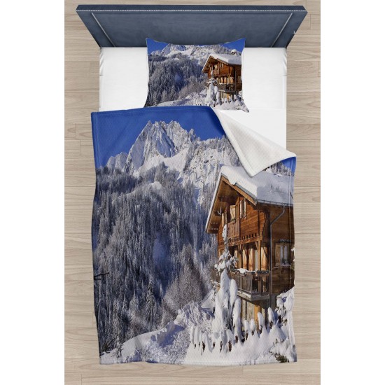 Else Karlı Dağ Evi Desenli Yatak Örtüsü Tek Kişilik Pike Takımı