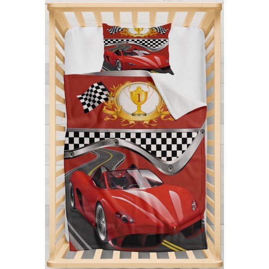Else Kırmızı Kupa Yarış Arabası Desenli Yatak Örtüsü Yastıklı Bebek Pike Takımı