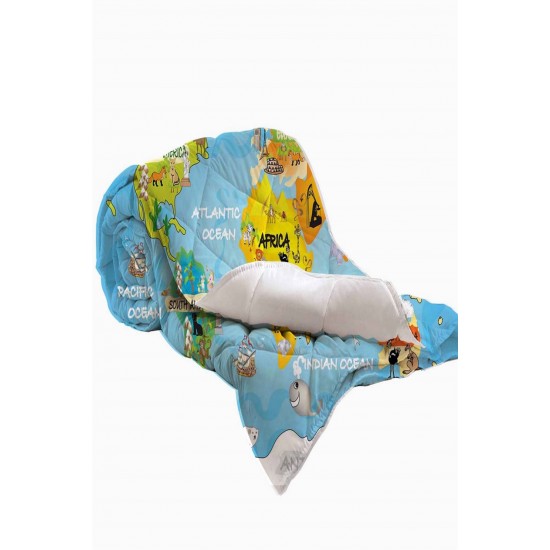 Else Maceracı Mavi Dünya Haritası Desenli Bebek Yorgan Uyku Seti
