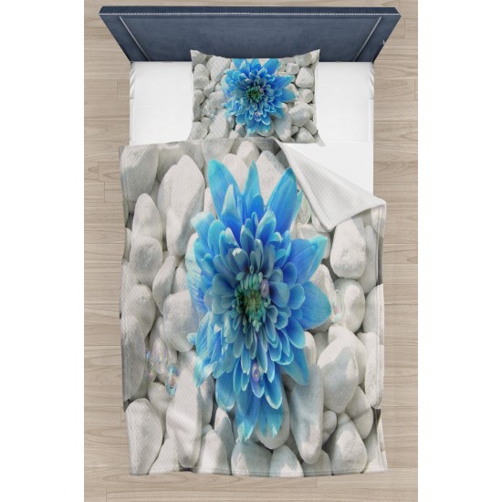 Else Mavi Çiçekli Çakıl Taşları Desenli Yatak Örtüsü Tek Kişilik Pike Takımı