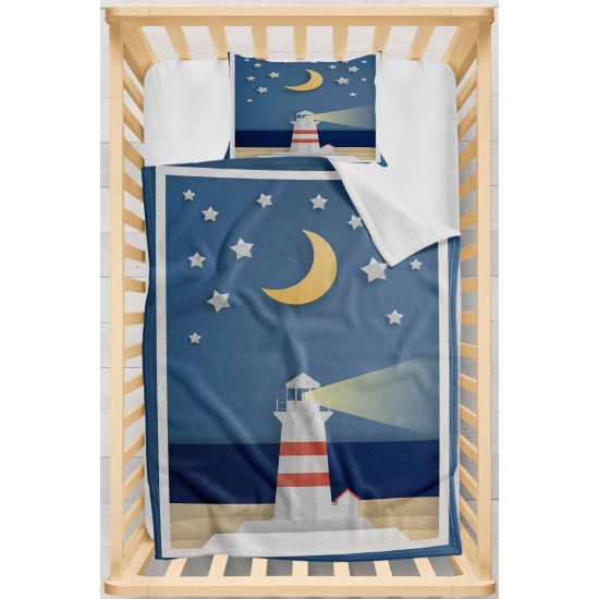 Else Mavi Denizci Fener Desenli Yatak Örtüsü Yastıklı Bebek Pike Takımı