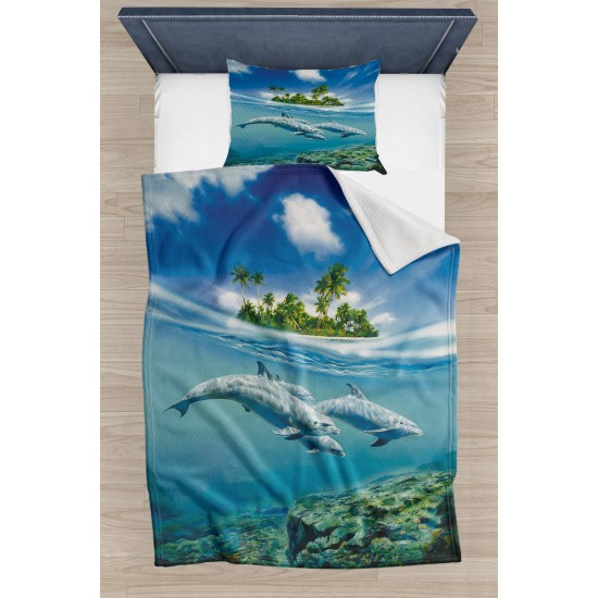 Else Mavi Tropikal Deniz Yunuslar Desenli Yatak Örtüsü Tek Kişilik Pike Takımı