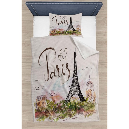 Else Paris Yazılı Eyfel Desenli Yatak Örtüsü Tek Kişilik Pike Takımı
