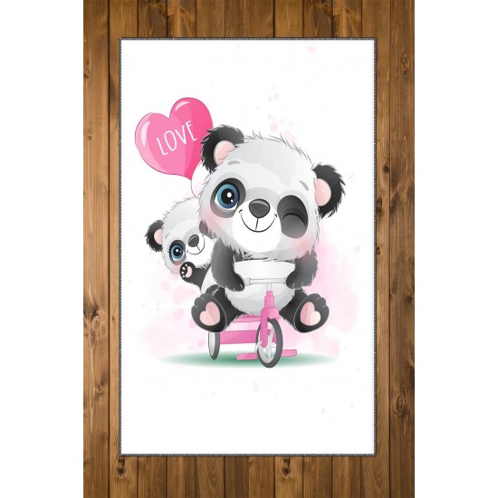 Else Pembe Love Bisikletli Panda 3d Desenli Bebek Odası Halısı