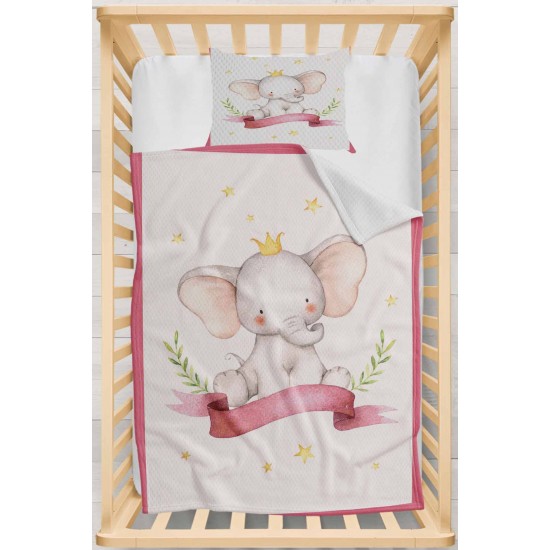 Else Pembe Sevimli Filli Desenli Yatak Örtüsü Yastıklı Bebek Pike Takımı