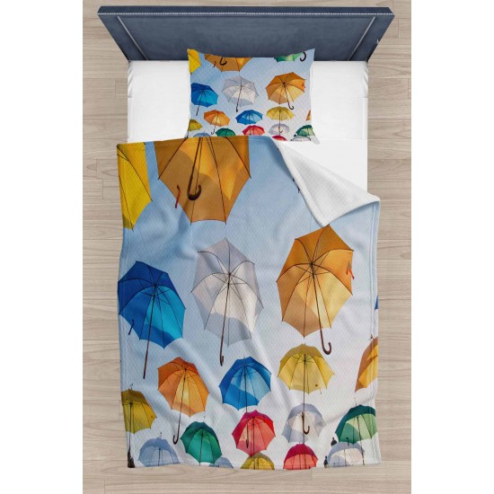 Else Renkli Şemsiyeler Desenli Yatak Örtüsü Tek Kişilik Pike Takımı