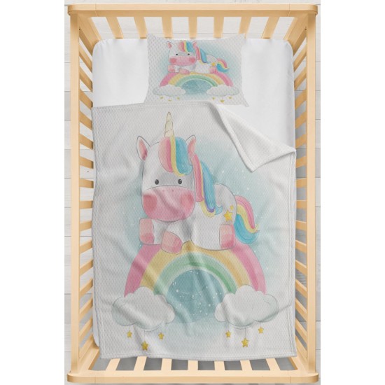 Else Renkli Unicorn Atlı Desenli Yatak Örtüsü Yastıklı Bebek Pike Takımı