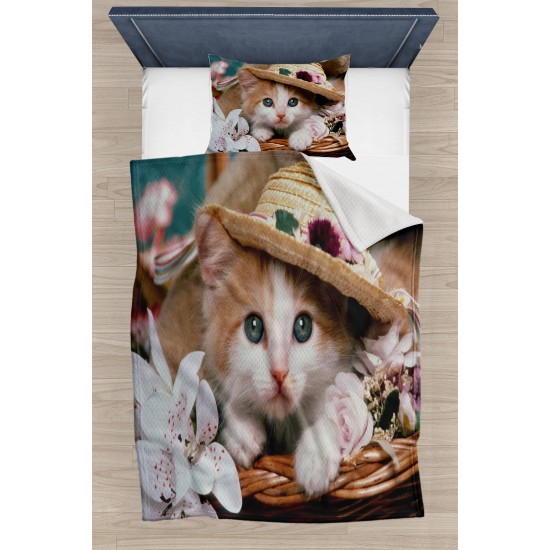 Else Sevimli Şapkalı Kedi Desenli Yatak Örtüsü Tek Kişilik Pike Takımı