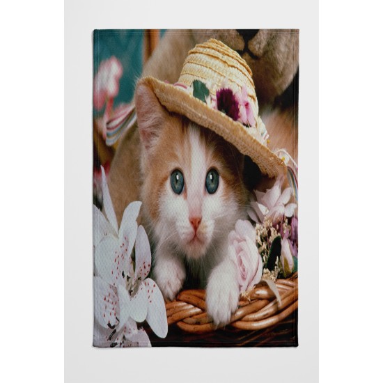 Else Sevimli Şapkalı Kedi Desenli Yatak Örtüsü Tek Kişilik Pike Takımı