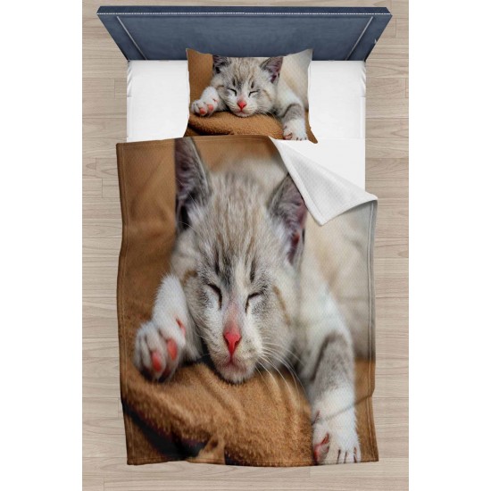 Else Sevimli Uyuyan Kedi Desenli Yatak Örtüsü Tek Kişilik Pike Takımı