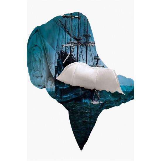 Else Siyah Mavi Gemili Deniz Desen Çift Kişilik Yorgan Uyku Seti