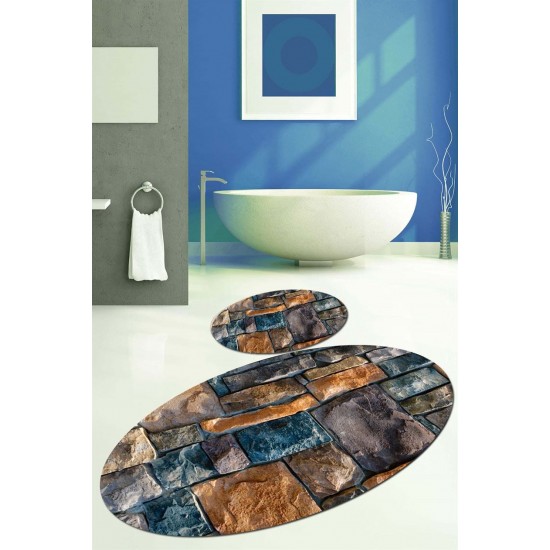 Else Kadser Taş Duvar  3D Oval Banyo Paspas Seti Klozet Takımı