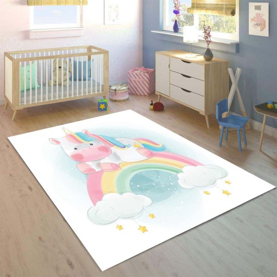 Else Renkli Unicorn 3D Baskılı Desenli Çocuk Bebek Odası Halısı