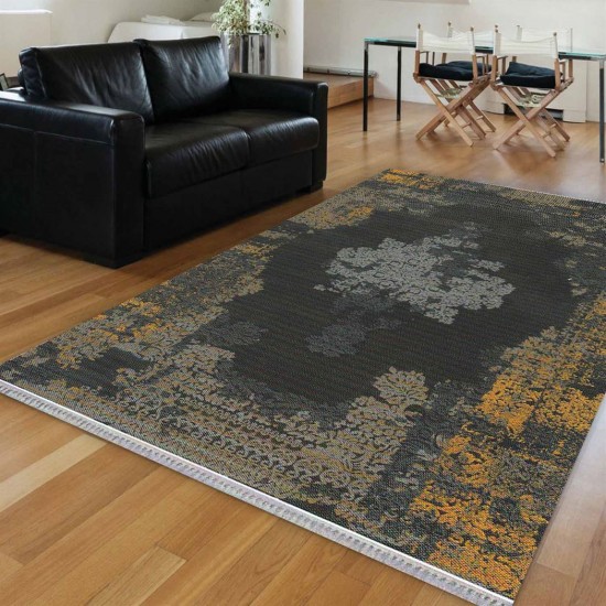 Else Sarı Siyah Eskitme Retro Modern Saçaklı İnce Kilim Halı