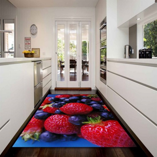 Kadser Kırmızı Çilekler 3D Desenli Dekoratif Modern Mutfak Halısı