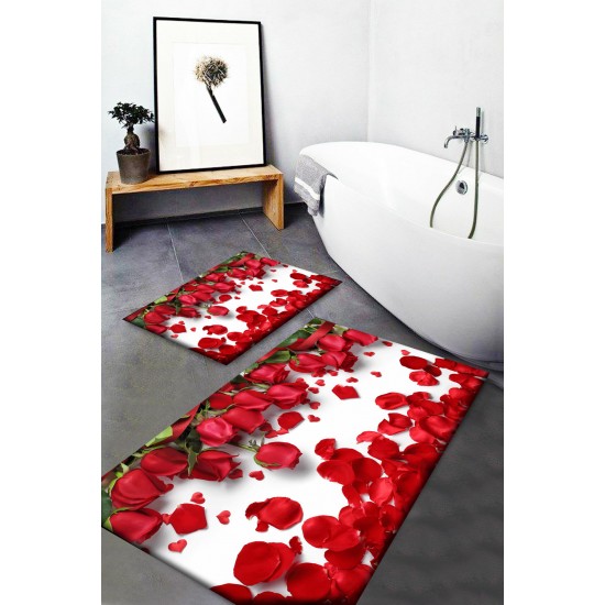 Else Kırmızı Güller Desenli Yıkanabilir Kaymaz Taban 2li Banyo Halısı Paspas Klozet Takımı