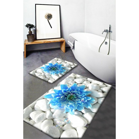 Else Mavi Çiçekli Desenli Yıkanabilir Kaymaz Taban 2li Banyo Halısı Paspas Klozet Takımı