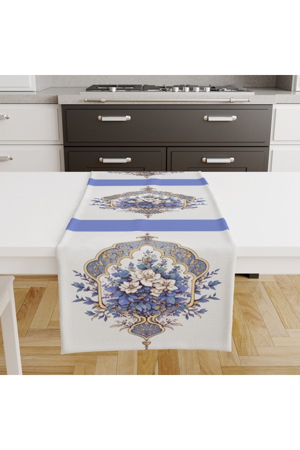 Mavi Beyaz Çiçekli Desenli Baskılı Leke Tutmaz Dertsiz Dekoratif Runner Örtüsü 40x140cm