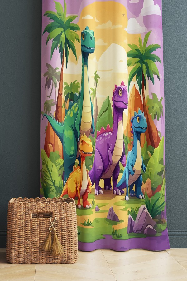 Renkli Dinazor Hayvanlar Desenli Çocuk Odası Fon Perde 140x260cm Renkli Dinazor Hayvanlar Desenli Çocuk Odası Fon Perde 140x260cm