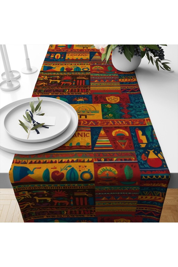 Renkli Hitit Otantik Desenli Baskılı Leke Tutmaz Dertsiz Dekoratif Runner Örtüsü 40x140cm