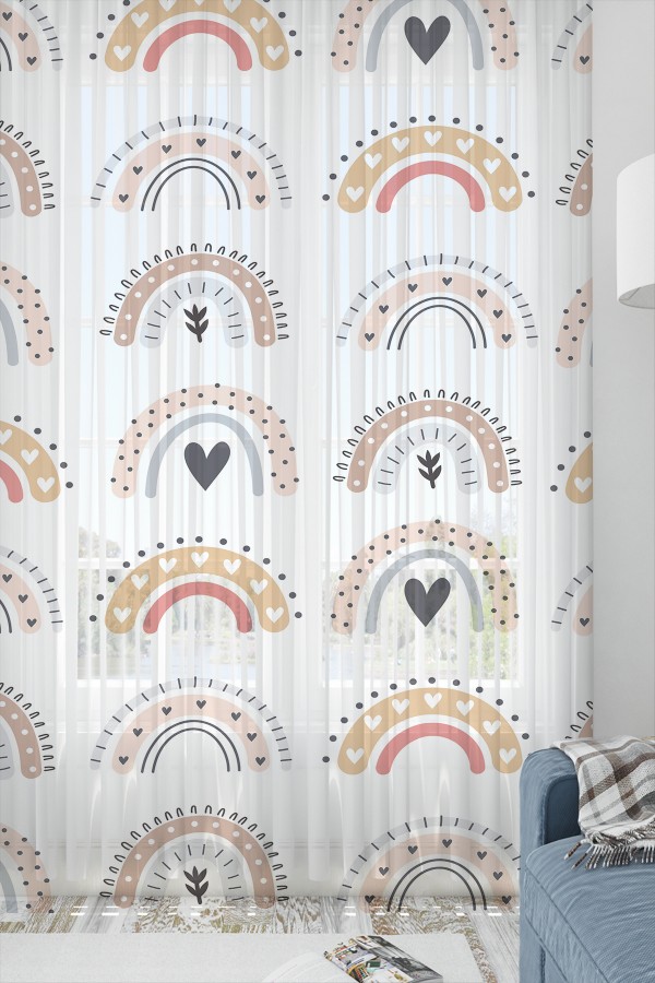 Renkli Boho Gökkuşakları Desenli Kız Çocuk Odası Tül Perde 140x260cm Renkli Boho Gökkuşakları Desenli Kız Çocuk Odası Tül Perde 140x260cm