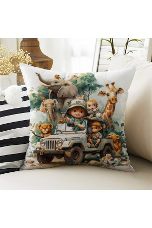 Afrika Orman Hayvanları Desenli Erkek Çocuk Dekoratif Çift Taraflı Kırlent Kılıfı 43x43cm