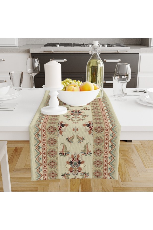 Osmanlı Vintage Desenli Baskılı Leke Tutmaz Dertsiz Dekoratif Runner Örtüsü 40x140cm
