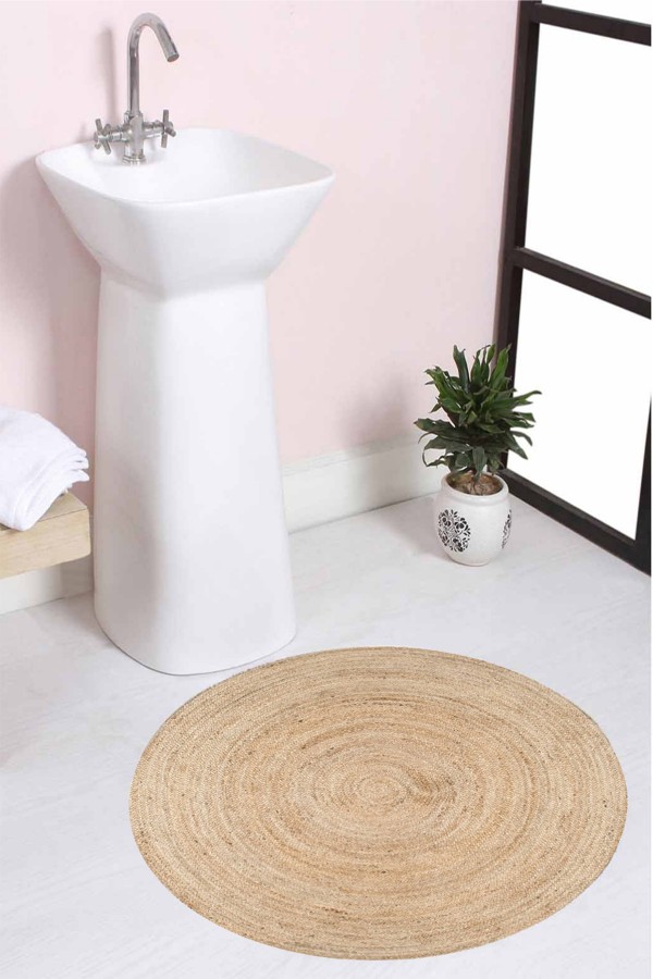 Else Naturel Desenli Halat Hasır Jüt Örgü Yuvarlak Halı Banyo Paspası