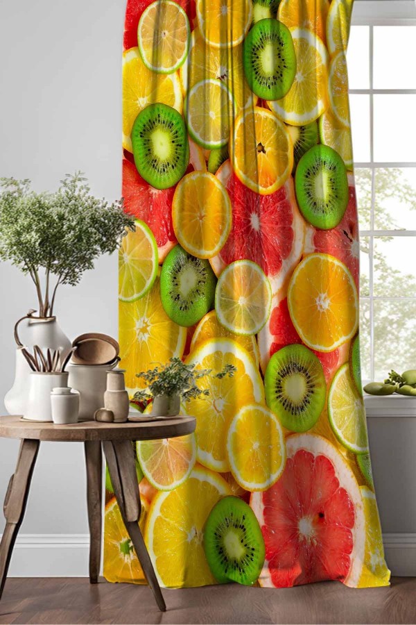 Renkli Meyveler Desenli Djital Baskılı Yemek Odası Mutfak Fon Perde 140x260cm Renkli Meyveler Desenli Djital Baskılı Yemek Odası Mutfak Fon Perde 140x260cm
