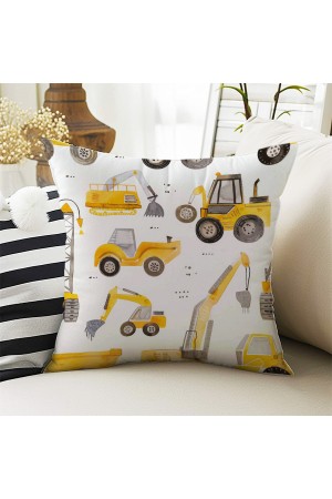 Sarı İş Makineleri Desenli Erkek Çocuk Dekoratif Çift Taraflı Kırlent Kılıfı 43x43cm