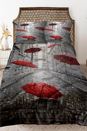 Kırmızı Şemsiyeler Desenli Çift Kişilik Kapitoneli Yorgan Yastık Kılıflı