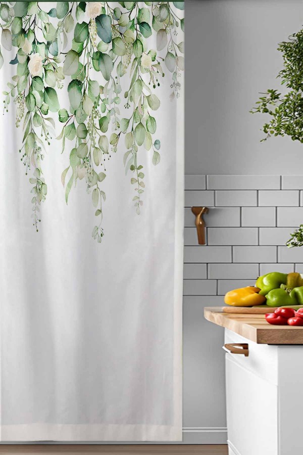 Yeşil Okaliptus Desenli Djital Baskılı Yemek Odası Mutfak Fon Perde 140x260cm