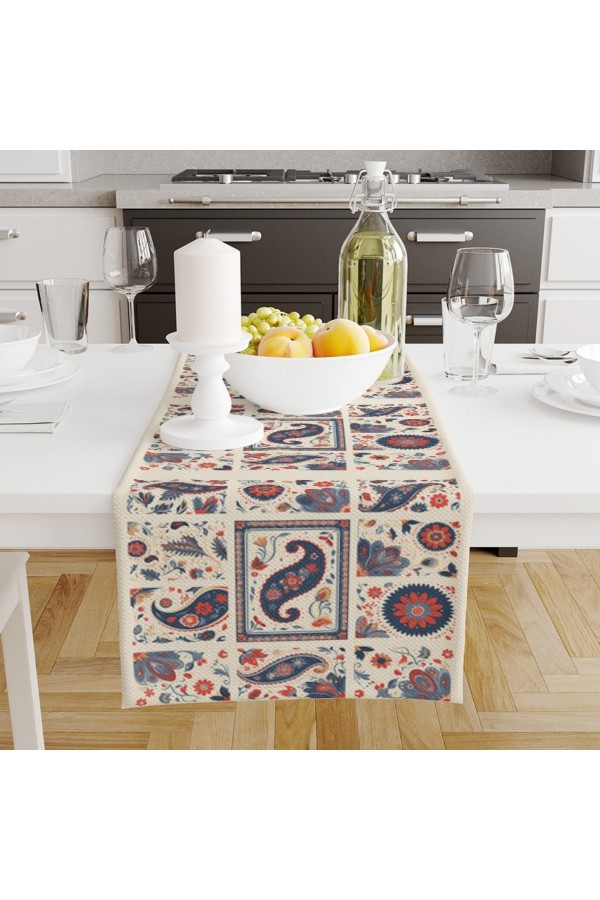 Osmanlı Çini Desenli Baskılı Leke Tutmaz Dertsiz Dekoratif Runner Örtüsü 40x140cm