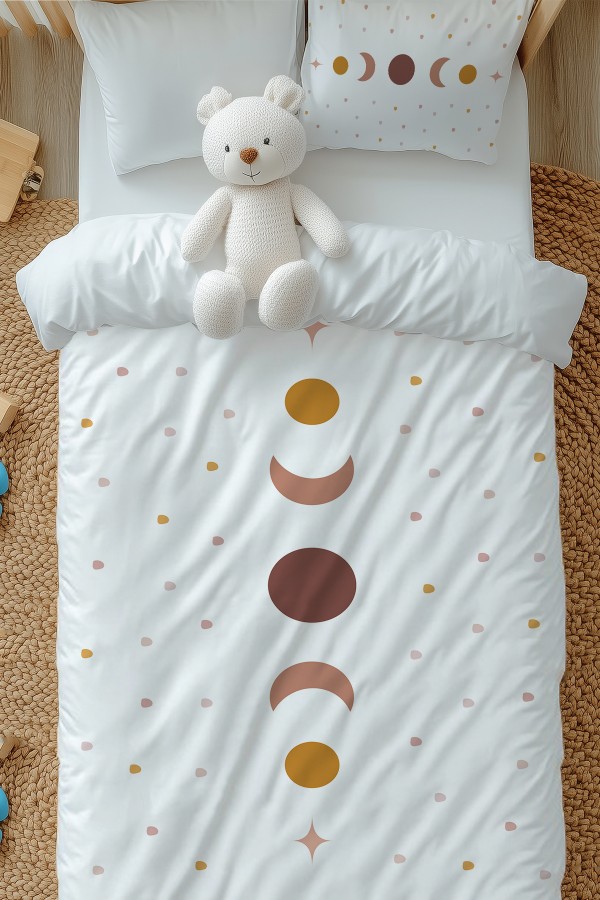 Minimal Ay Yıldız Desenli Kız Çocuk Tek Kişilik Nevresim Takımı Yastık Kılıflı