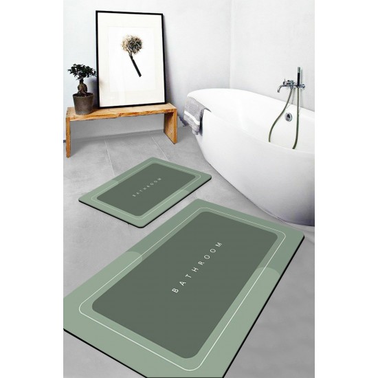 Else Yeşil Bathroom Yazılı Desenli Yıkanabilir Kaymaz Taban 2li Banyo Halısı Paspas Klozet Takımı