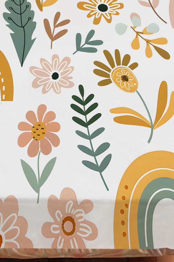 Çiçekli Boho Gökkuşağı Desenli Kız Çocuk Dekoratif Baskılı Yatak Örtüsü