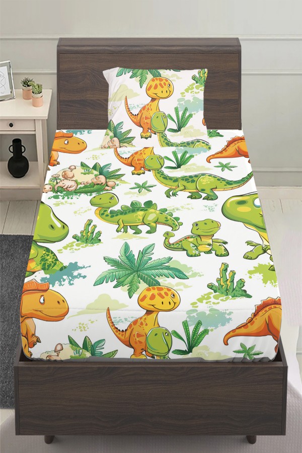 Yeşil Turuncu Dinazorlar Desenli Erkek Çocuk Tek Kişilik Yastıklı Çarşaf Takımı 100x200 cm Yeşil Turuncu Dinazorlar Desenli Erkek Çocuk Tek Kişilik Yastıklı Çarşaf Takımı 100x200 cm