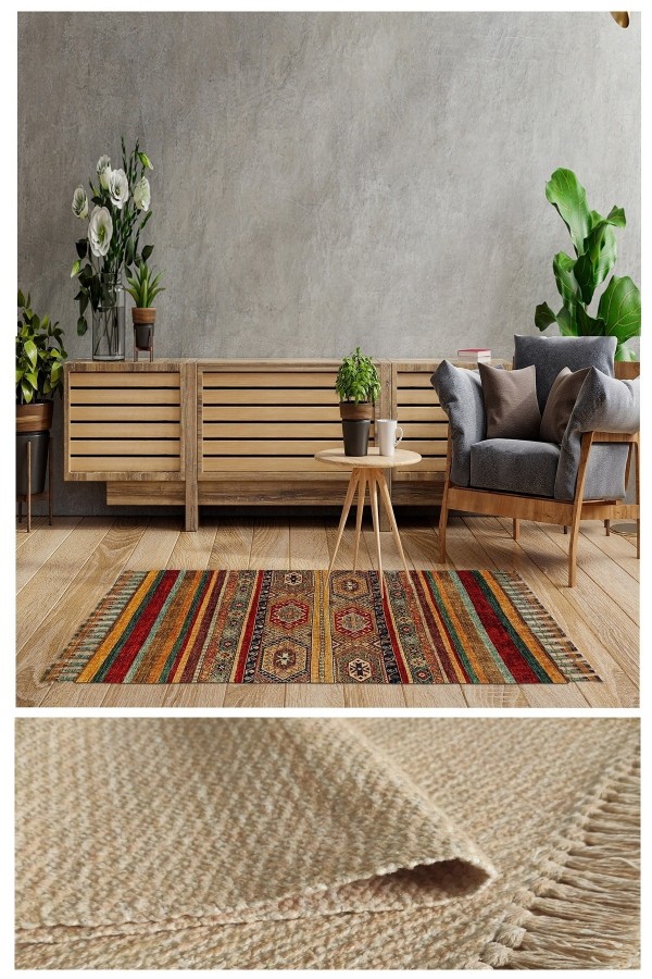 Else Casablanca Jüt Hasır Desenli Vintage Yıkanabilir Çift Taraflı Kara Tezgah Dokuma Kilim Css40