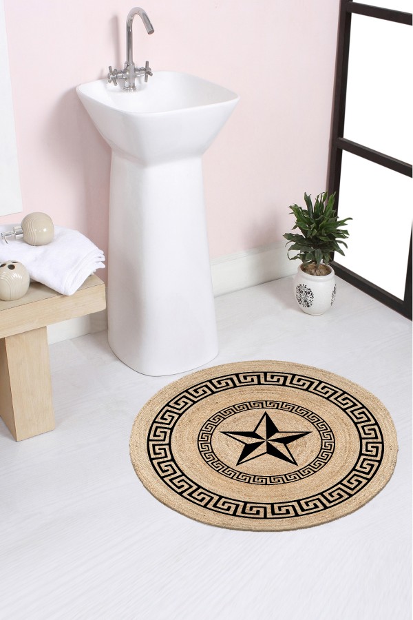 Else Yıldızlı Desenli Halat Hasır Jüt Örgü Yuvarlak Halı Banyo Paspası Else Yıldızlı Desenli Halat Hasır Jüt Örgü Yuvarlak Halı Banyo Paspası