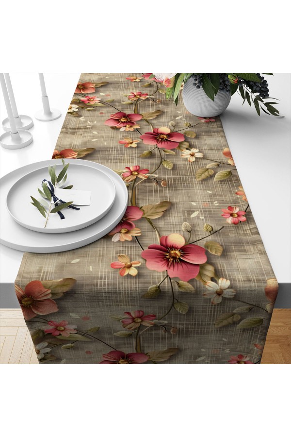 Retro Çiçekler Desenli Baskılı Leke Tutmaz Dertsiz Dekoratif Runner Örtüsü 40x140cm
