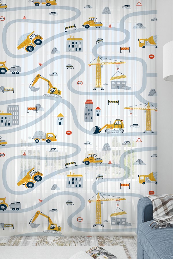 İnşaat İş Makineleri Desenli Erkek Çocuk Odası Tül Perde 140x260cm İnşaat İş Makineleri Desenli Erkek Çocuk Odası Tül Perde 140x260cm