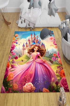 Prenses Şatolu Desenli Kız Çocuk Odası Halısı Yıkanabilir Kaymaz Taban