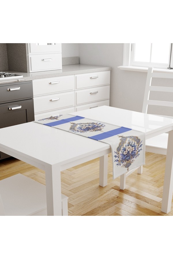 Mavi Beyaz Çiçekli Desenli Baskılı Leke Tutmaz Dertsiz Dekoratif Runner Örtüsü 40x140cm